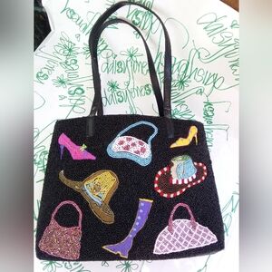 Beaded Black Cowbow Hat Zipped Lined Credit Card Pocket Bag